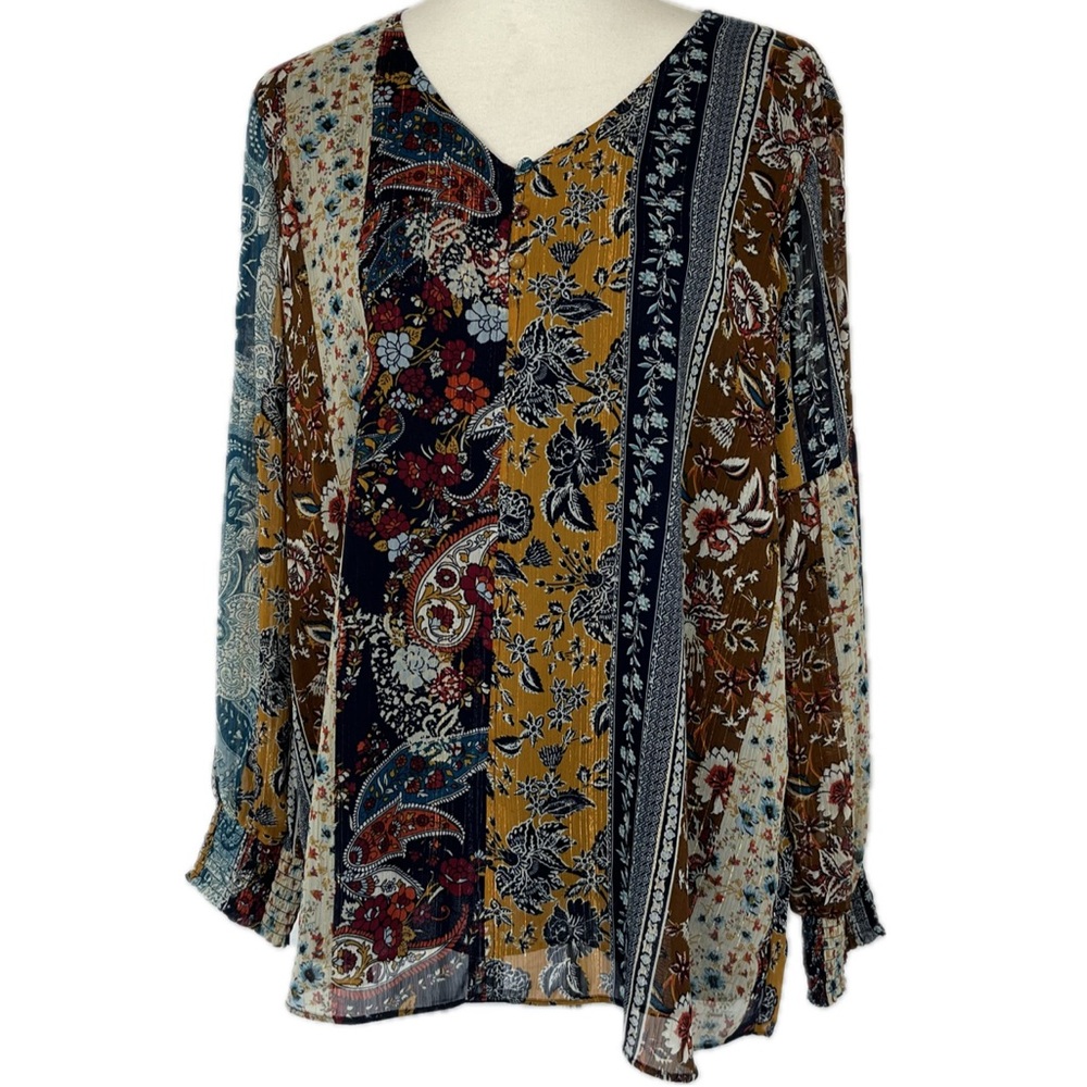 Dress Barn Paisley Flowy Blouse Size XL Metallic Bohemian Fairy Faux Patchwork